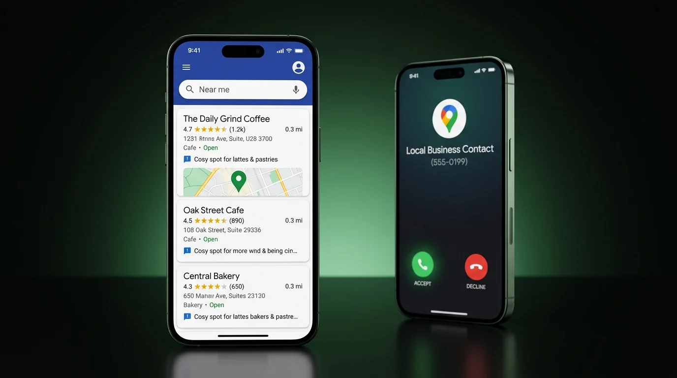 Два смартфони: Google Maps ТОП-3 з рейтингом 5 зірок + вхідний дзвінок від клієнта через Google Maps